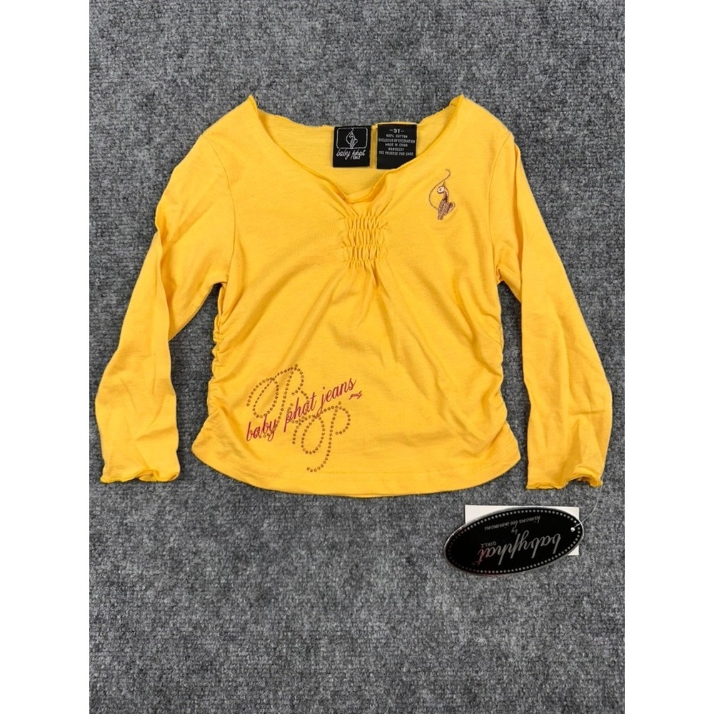 Vintage Y2K Baby‎ Phat Girls 3T Yellow Long Sleeve Ruched Graphic Tee Shirt NEW